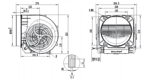 Dimension of SF160D-E092B3-42 Forward Curved Double Inlet Φ 160-200