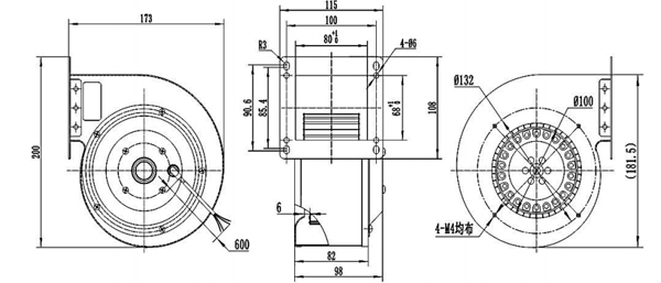 Dimension of DG120A-A092B2-01 Forward Curved Single Inlet Φ 120-62