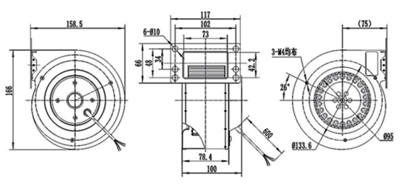 Dimension of DG180A-A092D2-02 Forward Curved Single Inlet Φ 120-62