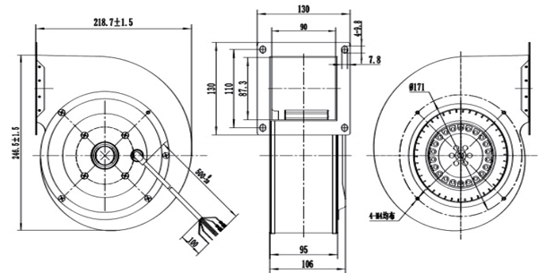 Dimension of DG180A-A092D2-02 Forward Curved Single Inlet Φ 180-75
